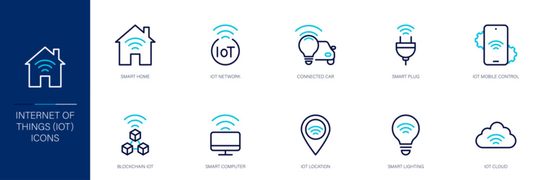 Internet of Things (IOT) Blue Colored Outline Icon Set