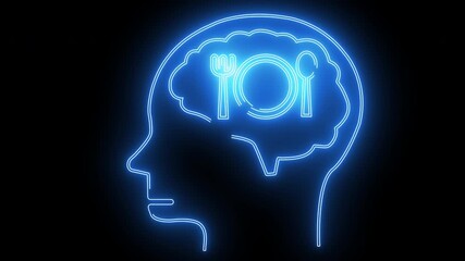 human brain head icon and plate spoon fork icon with neon effect.4k video quality