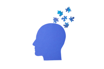 Blue head silhouette with puzzle pieces, isolated on white, PNG
