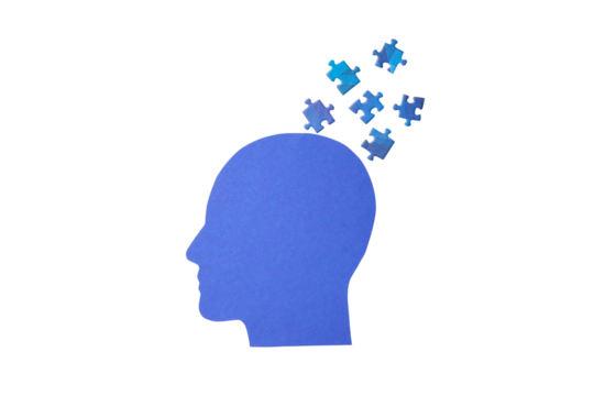 Blue head silhouette with puzzle pieces, isolated on white, PNG