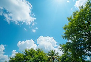 Obraz premium Idyllic natural scenery of a bright sun shining in a clear blue sky with clouds over a green forest