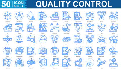 Quality Control Icon Set Collection. Containing satisfaction, self confidence, prevention, quality control, inspection, rejected, management, product review, manager icon. EPS 10