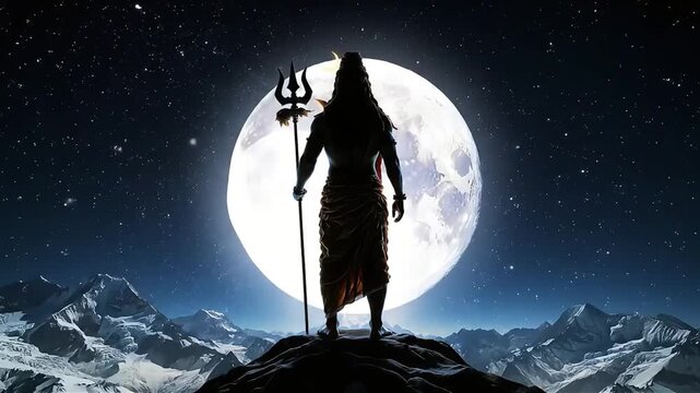 Silhouette of a Hindu deity standing on a mountain peak with a trident, full moon and starry night sky in the background.