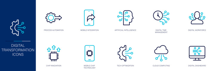 Digital Transformation Blue Colored Outline Icon Set