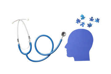 Stethoscope and puzzle show mental health links, isolated on white, PNG