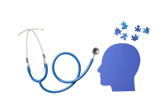 Stethoscope and puzzle show mental health links, isolated on white, PNG