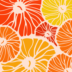 a vibrant and modern pattern featuring stylized citrus fruit slices in shades of orange, yellow, and tangerine. this abstract design is perfect for backgrounds, textiles, and other creative projects.
