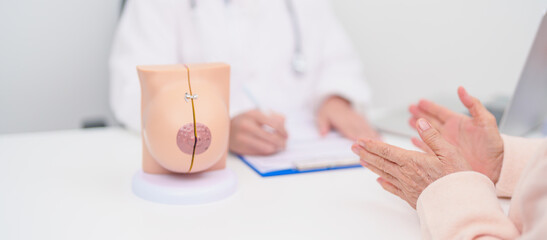 woman Patient consultation with doctor for Breast Augmentation Surgery, October Breast Cancer...