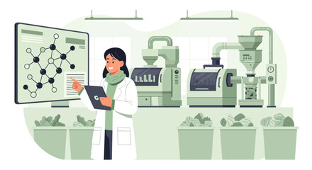 Scientist analyzing molecular structure in a sustainable production facility