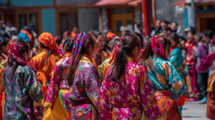 Fototapeta premium Tamu Losar Festival Group of Women Wearing Traditional Colorful Robes Gurung Cultural Celebration