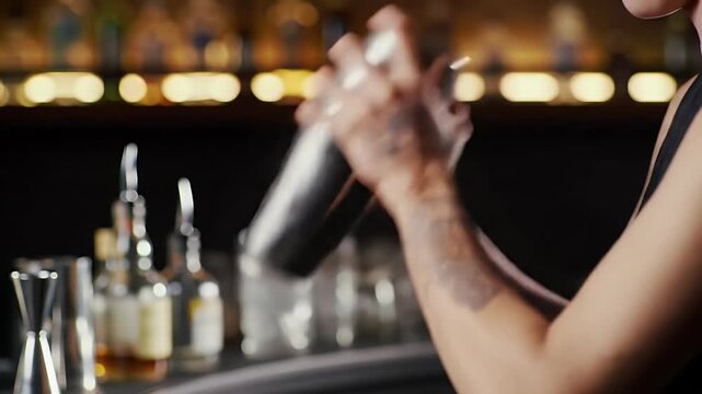 Vibrant Close Up of Bartender Shaking Cocktail Shaker in a Warmly Lit Bar with Bottles and Glassware Preparation and Precision Skillful Drink Mixing for Festive Occasions
