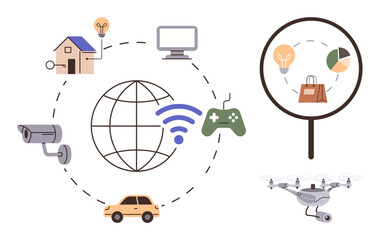 Globe with wireless, linked devices thumbs up house, computer, camera, car, Quadcopter, and game controller. Magnifying glass with graphs. Ideal for technology innovation connectivity IoT smart home