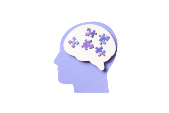 Brain silhouette with puzzle pieces, isolated on white, PNG