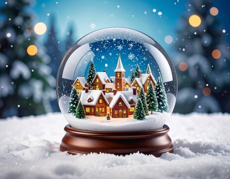 A festive Christmas snow globe containing a miniature, illuminated winter village with falling snow.
