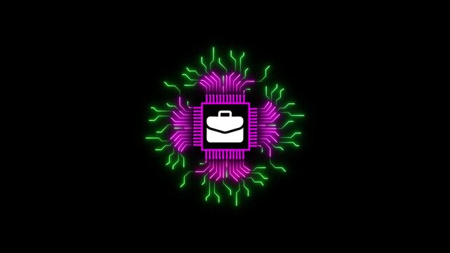 "Neon AI Business Partnership Icon on Circuit Board Background"