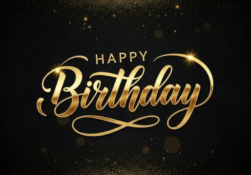Elegant golden happy birthday script on a dark glittering background