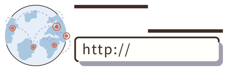 Globe with linked locations and lines, browser URL bar detail emphasizing global internet access. Ideal for communication, technology, online business, networking, global reach, internet usage