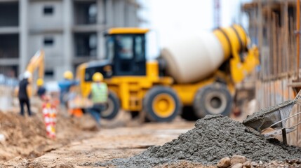 Construction site with workers and machinery, showcasing a busy environment with concrete mixing