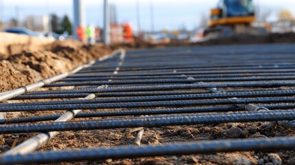 Construction site showing rebar laid out on the ground, with workers and machinery in the background