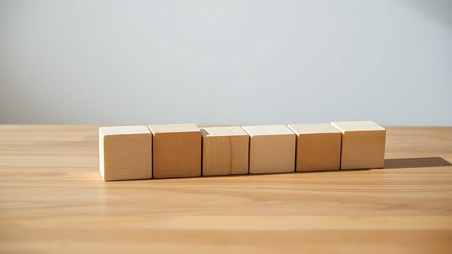 Wooden cube blocks arranged in progression on a smooth table, highlighted by soft natural lighting.