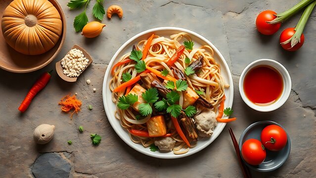 Asian ingredients beautifully arranged on a rustic stone surface, showcasing culinary diversity and warmth.