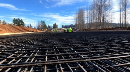 Fototapeta premium Construction workers laying foundation grid on a sunny day, with trees and buildings in the background