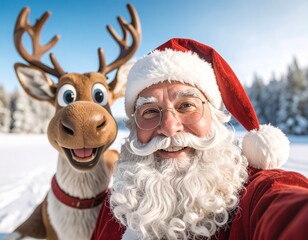 A cheerful Santa Claus takes a selfie with a friendly, cartoonish reindeer in a snowy winter landscape.