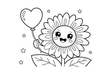 Delightful Sunflower Coloring Page: A cheerful sunflower character holding a heart-shaped balloon surrounded by sparkling stars, perfect for kids' coloring activities and educational projects.