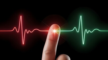 A vibrant, glowing red and green heartbeat line interacting with a fingertip on a dark background, symbolizing medical diagnostics, vital signs, and health monitoring technology.