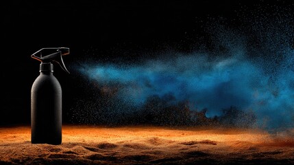 Black spray bottle dispersing blue powder on orange sand.