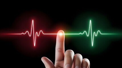 A vibrant, glowing red and green heartbeat line interacting with a fingertip on a dark background, symbolizing medical diagnostics, vital signs, and health monitoring technology
