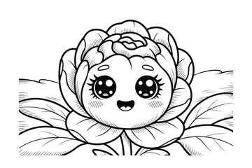 Kawaii Rose Flower Illustration: Cute Cartoon Petals, Black and White Line Art for Coloring Books, Kids Art Projects, and Botanical Themes