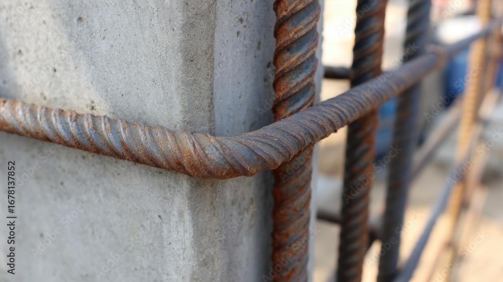 Poster close-up of rusted rebar intersecting a concrete pillar at a construction site, with tools in the ba