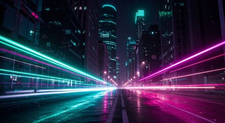 Neon City Nights: Light Trails and Reflections