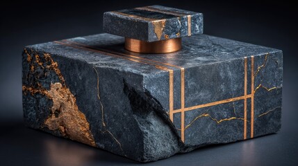 Dark stone perfume bottle with gold accents.