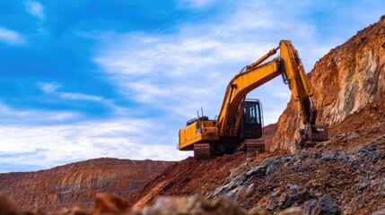 Obraz premium Heavy excavator working on a construction site, digging earth against a dramatic blue sky backdrop