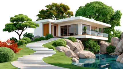 Luxury Home with Landscaping: A modern architectural marvel. perfectly merges with the beauty of natural surroundings with a unique landscaping design showcasing a walkway that leads to the home.