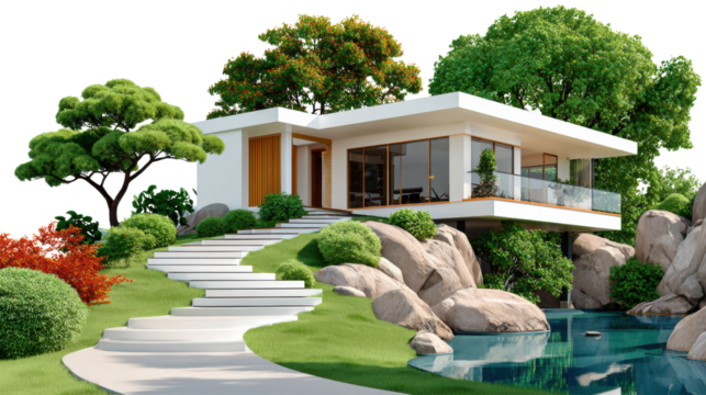 Luxury Home with Landscaping: A modern architectural marvel. perfectly merges with the beauty of natural surroundings with a unique landscaping design showcasing a walkway that leads to the home.