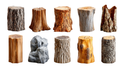 Woody Wonder: A collection of unique wooden tree stumps of various sizes and textures, each a testament to the artistry of nature's craftsmanship.