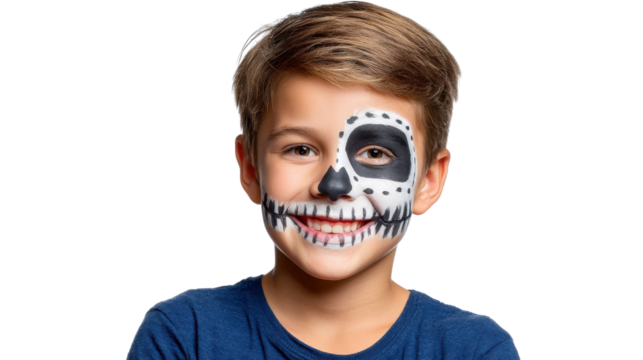 Face Painted Boy: A young boy smiles, his face transformed into a captivating skull design, capturing the eerie essence of celebration and playful disguise.