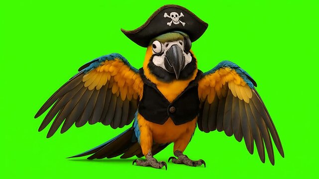 Blue-and-Gold Macaw Pirate Parrot on Green Screen