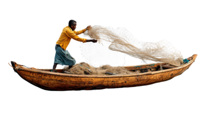 Fisherman Casting Net: A dedicated fisherman on a small boat, skillfully casting his net, demonstrating years of experience and a time-honored technique for securing the day's catch.