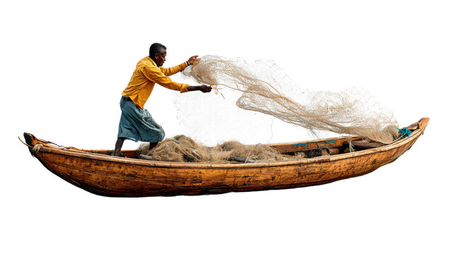 Fisherman Casting Net: A dedicated fisherman on a small boat, skillfully casting his net, demonstrating years of experience and a time-honored technique for securing the day's catch.