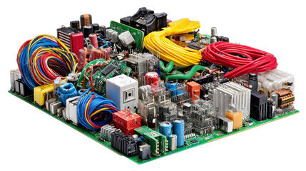 Electronic Circuitry Abstract: A complex and vibrant array of electronic components and circuit boards arranged into a visually captivating abstract display.