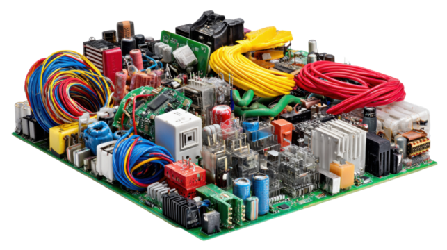 Electronic Circuitry Abstract: A complex and vibrant array of electronic components and circuit boards arranged into a visually captivating abstract display.