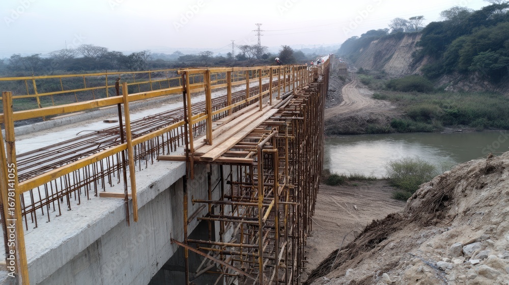 Poster construction of a bridge with scaffolding over a river, showcasing engineering progress at dawn