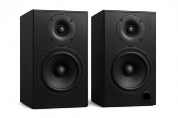 Two black speakers are standing on a transparent background, creating a professional and minimalist audio setup