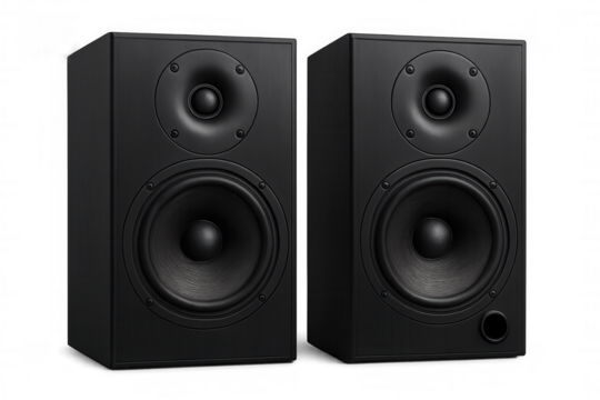 Two black speakers are standing on a transparent background, creating a professional and minimalist audio setup