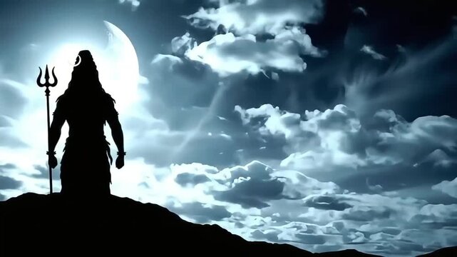 Silhouette of a Hindu god Shiva standing on a hill with a trident against a dramatic moonlit sky with clouds.