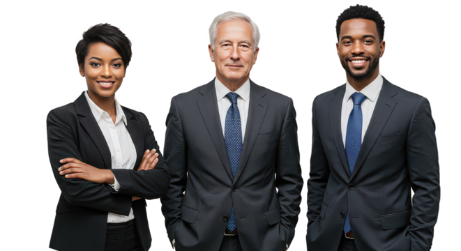 Three business people standing together smiling in suits against a black background looking forward